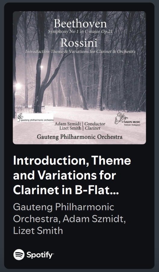 DanielRVos's tweet image. Pure brilliance in Introduction, Theme and Variations for Clarinet by Gioachino Rossini.

Lizet Smith shines with elegance, supported by the Gauteng Philharmonic Orchestra under Adam Szmidt.

open.spotify.com/track/3D07kYwr… 

#ClarinetMagic #Rossini #ClassicalVibes #LiveOrchestra