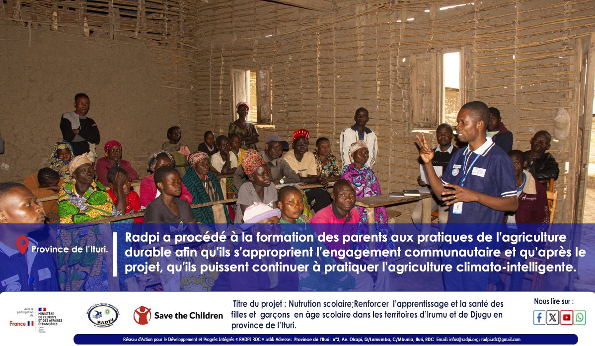 RadpiRdc's tweet photo. ITURI : Radpi a  formé les parents aux pratiques de l'agriculture durable afin qu'ils s'approprient cet engagement communautaire dans les territoires d'Irumu et de Djugu.

L'objectif est de s'assurer qu'après le projet, les familles puissent continuer à cultiver les jardins scolaires et communautaires grâce à l'agriculture climato-intelligente, afin de consommer localement des aliments sains et équilibrés.

Ceci s'inscrit dans le cadre du projet « Nutrition scolaire ; renforcement de l’apprentissage des filles et garçons dans les territoires d'Irumu et de Djugu », avec l’appui du gouvernement français à travers Save the Children.
#SaveTheChildren #Nutrition #Ituri #radpi