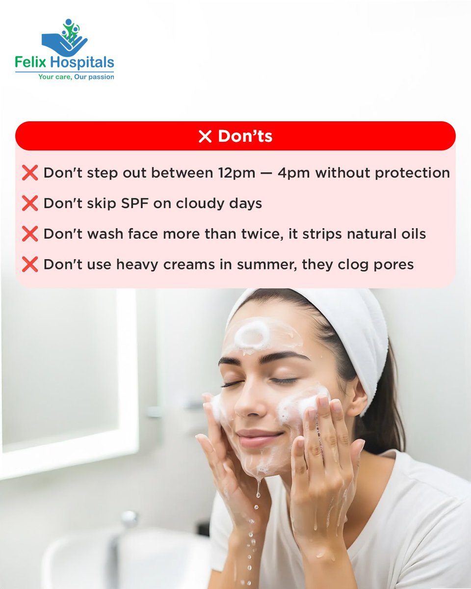 WellnessFelix's tweet image. Summer sun can damage skin faster than you realise, which is why daily SPF and reapplication are non-negotiable. Smart protection keeps your skin healthy, hydrated and glowing all season.

#SummerSkincare #SkinCareTips  #HydratedSkin #DermatologyCare #SkinHealth #FelixHospital