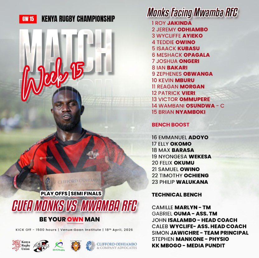 To all our fans: This Saturday at Goan, we go to war vs Mwamba for a Kenya Cup return. Come strong, cheer loud &amp; we promise to deliver! 🏆 

UP THE MONKS!❤️🖤
#BeYourOwnMan
#MonksTuko
#Champions
#RoadToKenyaCup