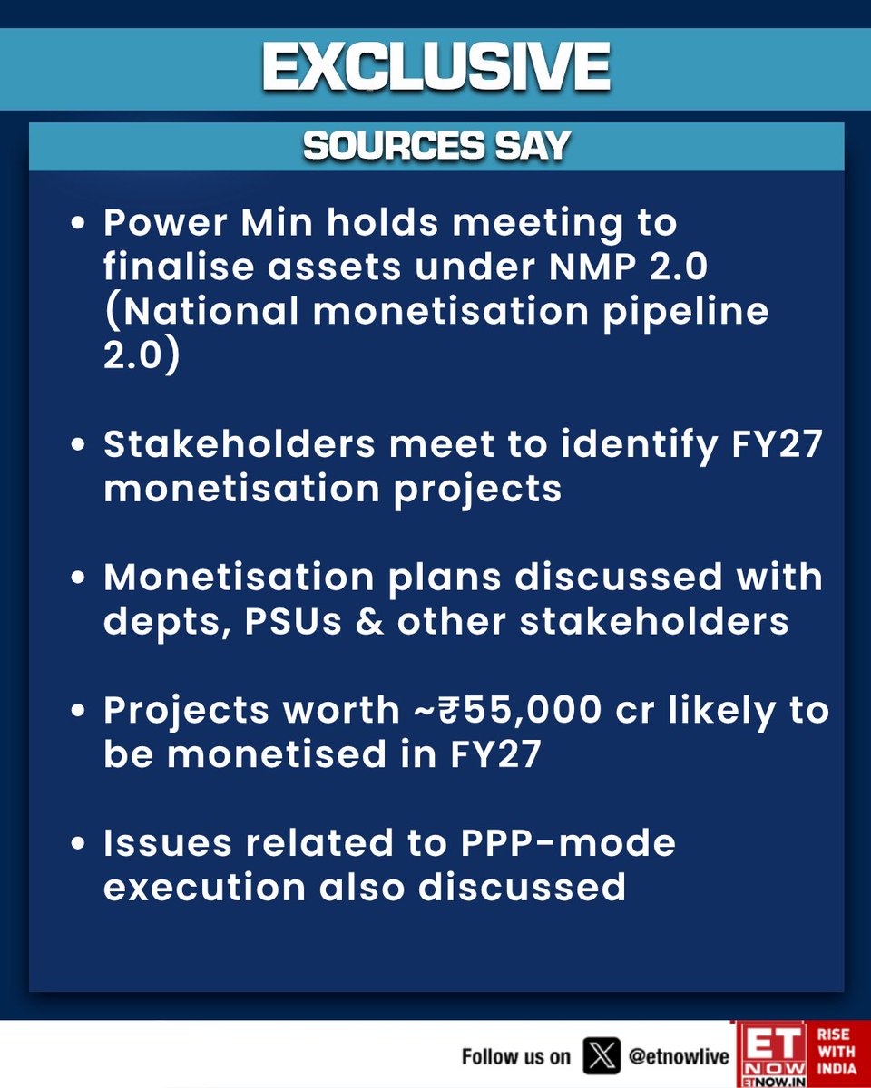 ETNOWlive's tweet image. #Exclusive | Power min holds meeting to finalise assets under NMP 2.0; stakeholders meet to identify FY27 monetisation projects, sources tell @priyadarshi108 

#PowerSector #PowerTransmission