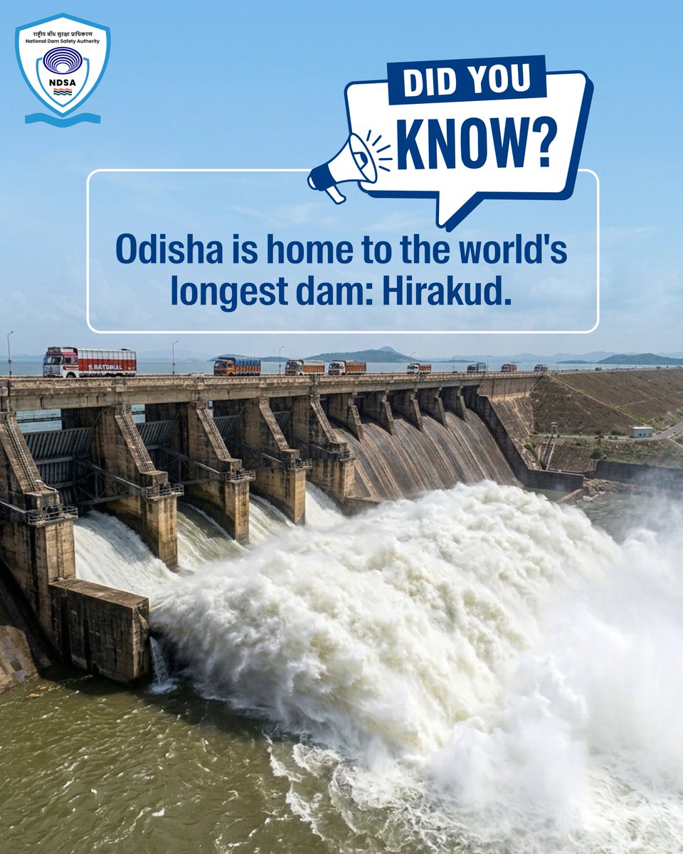 NDSA_DoWR's tweet image. Hirakud Dam in Odisha is the longest earthen dam in the world. 

Stretching over 25 km (including dykes), this engineering marvel across the Mahanadi River is a lifeline for irrigation, flood control, and power generation in the region.

#DamSafety #DidYouKnow #NDSA