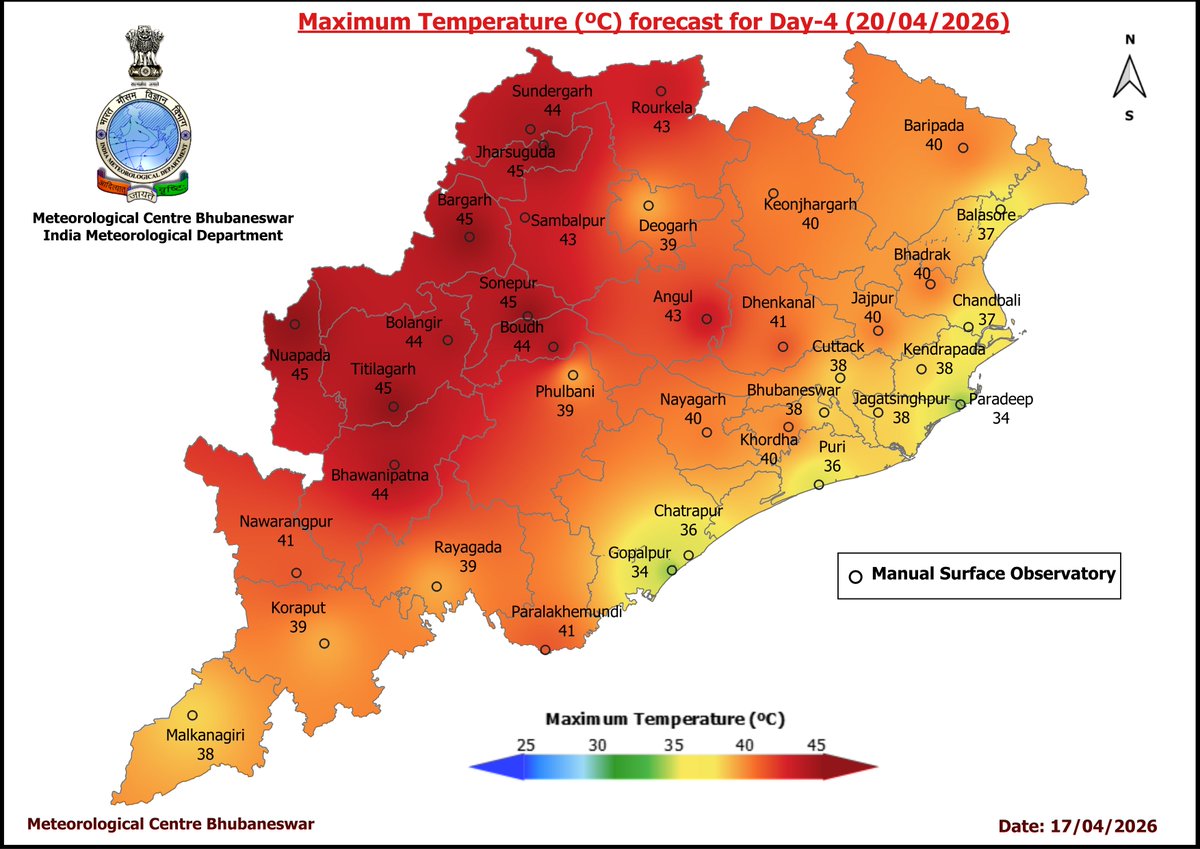 mcbbsr's tweet image. Maximum Temperature Forecast for next 5 days
#Odisha #hot #temperature