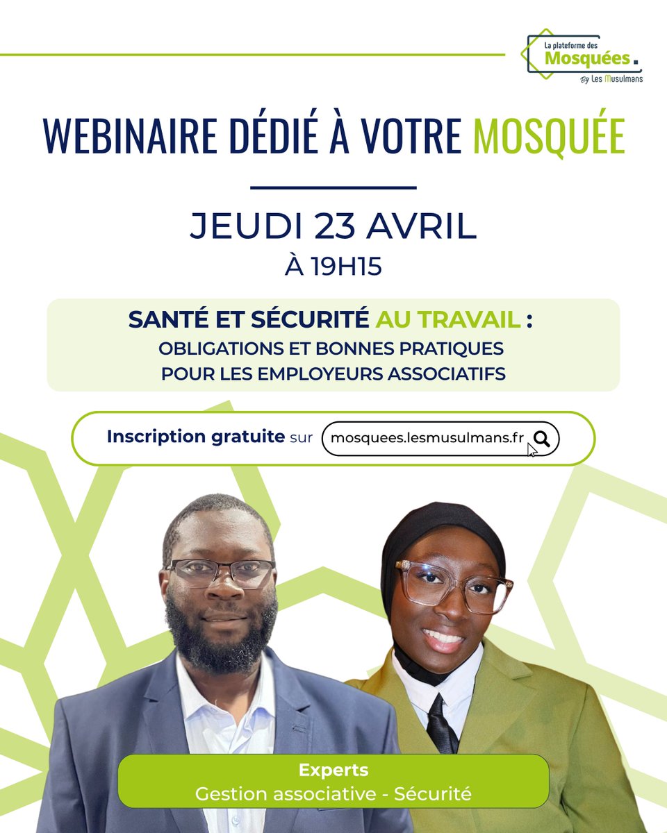 📢 Webinaire mosquées 
🎯 Santé &amp; sécurité au travail : obligations des employeurs 
📅 23 avril – 19h15
💻 Inscription : bit.ly/3YNXUGK
#Mosquées #Webinaire #LesMusulmans