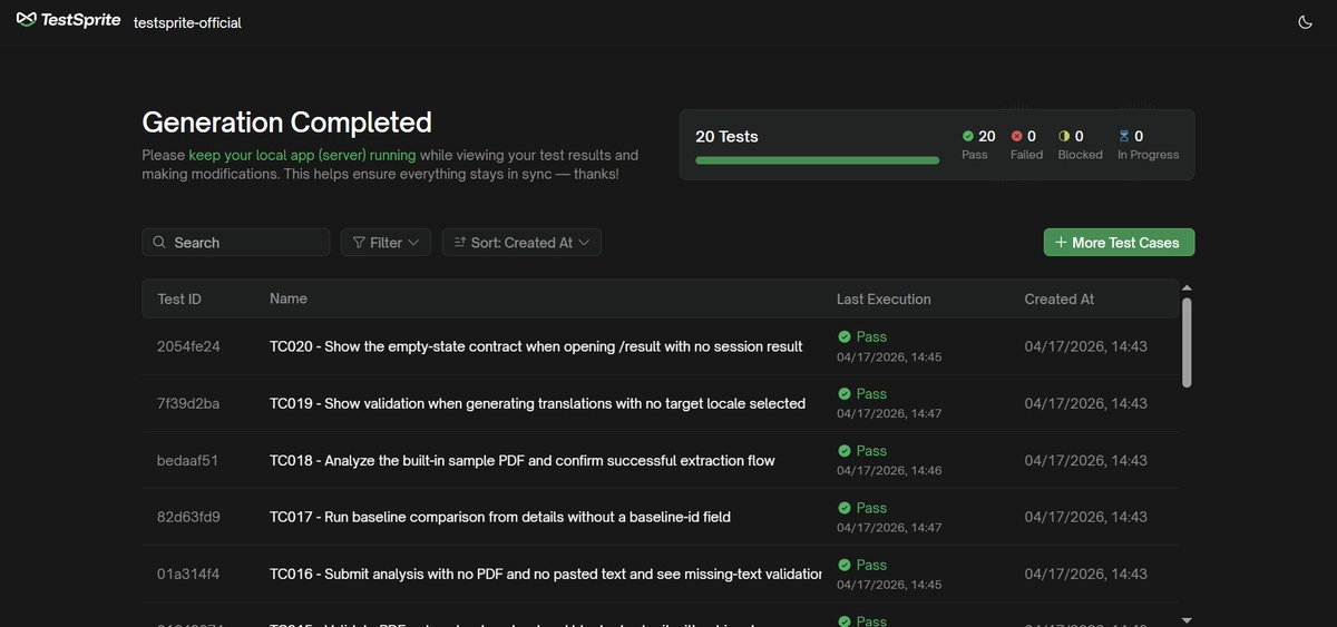 prateeek00's tweet image. TestSprite MCP helped me find and fix real reliability gaps across core project flows. It tightened upload, result, and comparison paths, then validated every fix through repeatable reruns. Final outcome: full end-to-end suite green, 20/20 passed.
@Test_Sprite #BuildWithAI