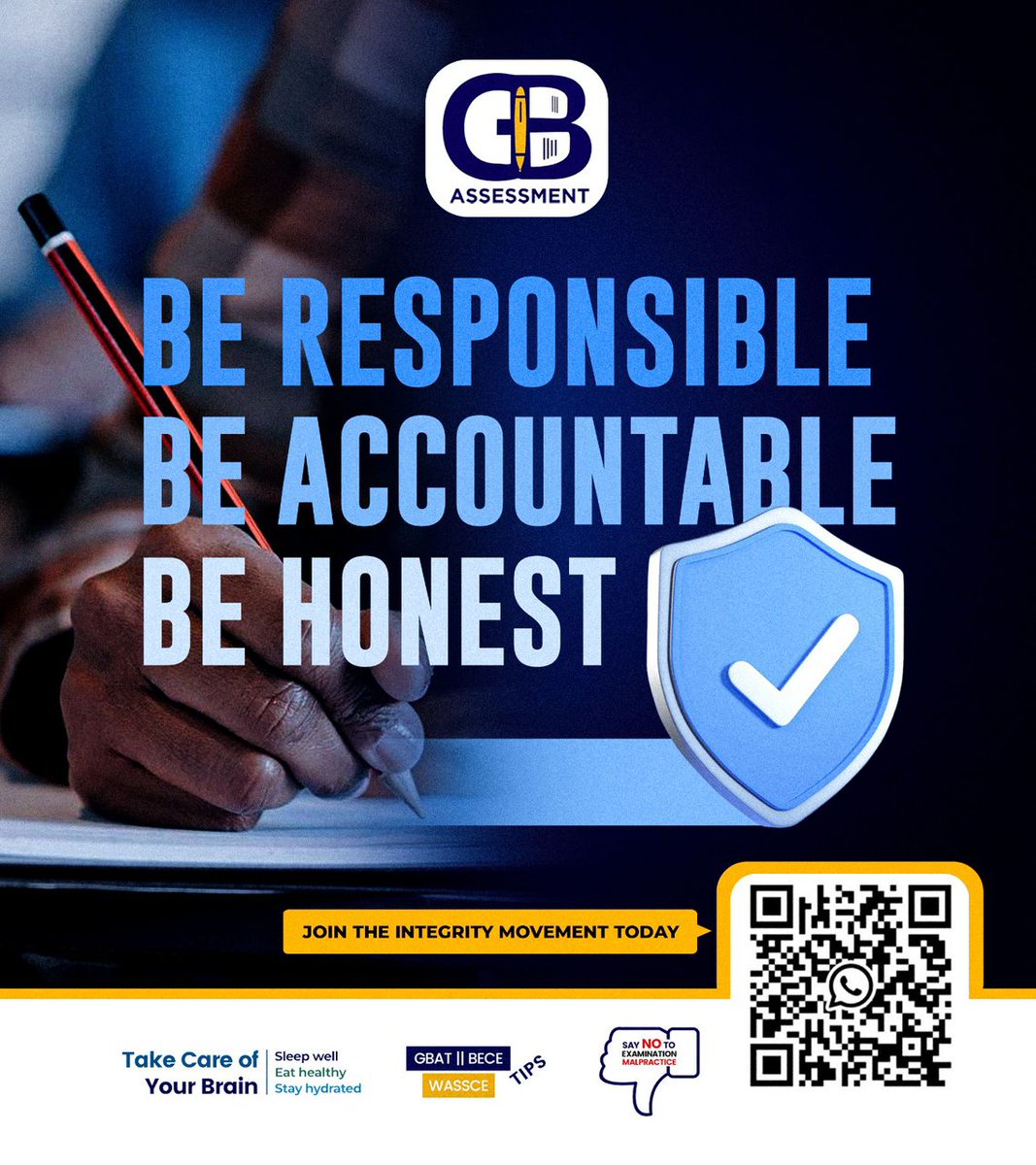 gbassessment's tweet photo. Every exam is a chance to prove your worth.
Say NO to malpractice and YES to integrity.
#integrity #gbatonline #gbassessment https://t.co/hak4wnw036