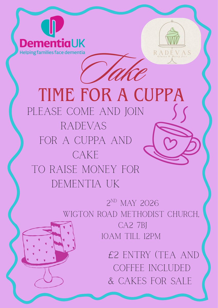 DiscoverCarlisl's tweet photo. Join Radevaβs at Wigton Road #MethodistChurch on Saturday 2 May from 10am until 12pm, for a cuppa and cake, to raise money for @DementiaUK.
Β£2 entry (tea and coffee included, plus cakes for sale).
#Carlisle #Cumbria #BakeSale #charity #fundraiser #DementiaUK #cake #cakes https://t.co/m7ylbeaoKG