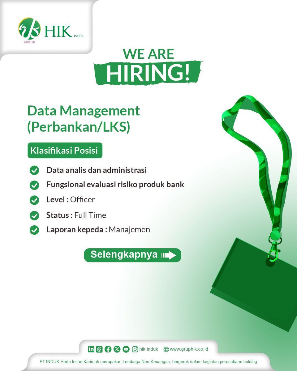 hikinduk's tweet photo. Halo sobat insan karimah, Kami PT INDUK Harta Insan Karimah merupakan kelompok usaha BPR Syariah (Grup HIK) membuka kesempatan sebagai Data Management.

Kirim CV, Portofolio dan dokumen lainnya ke email :
recruitment.induk.hik@gmail.com. dengan subjek "Data Management". https://t.co/fjATiW9FEv