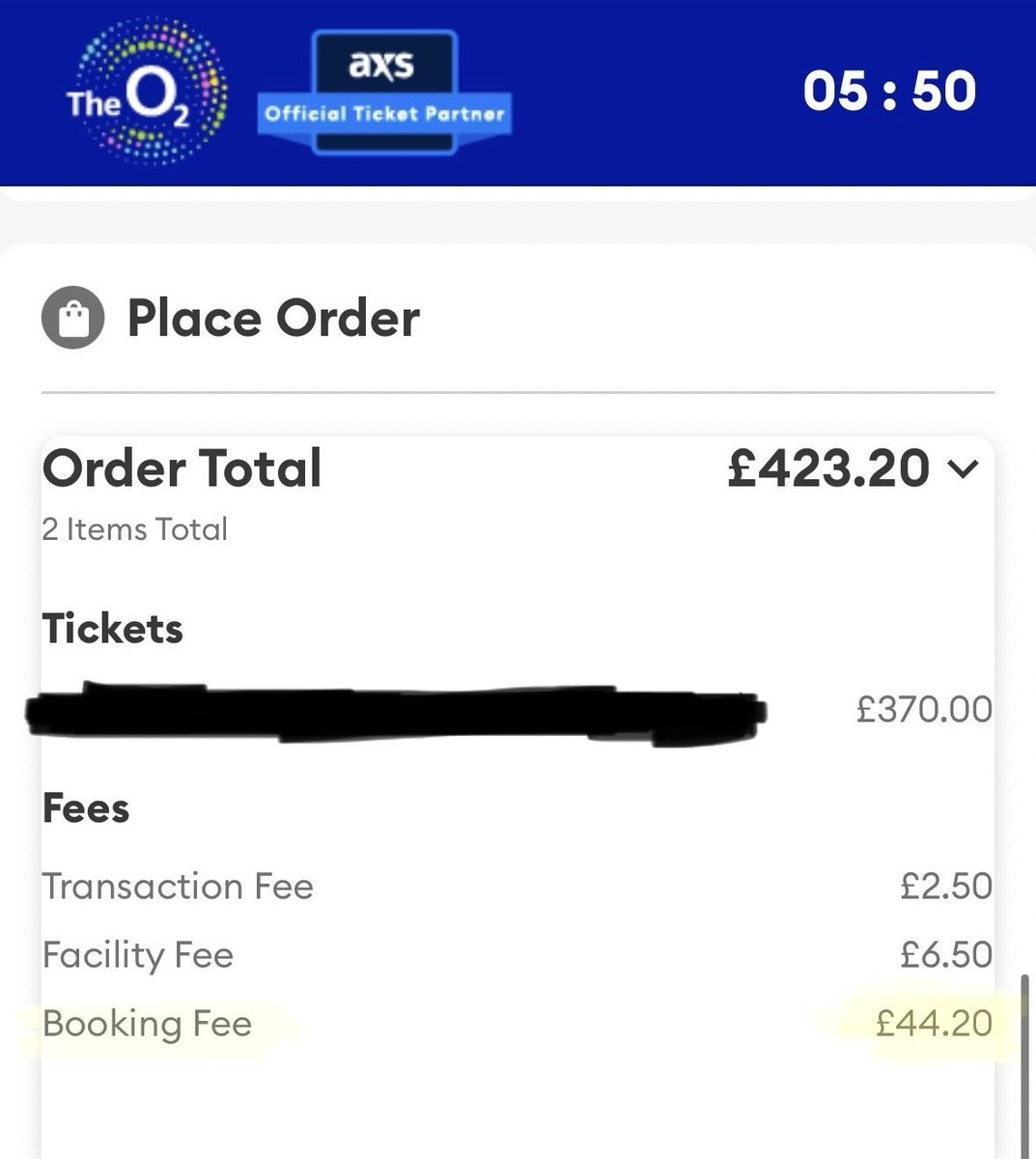 Cheeseontoast's tweet photo. What on earth is this booking fee?!? For two tickets. @TheO2 @AXS_UK This is outrageous and frankly just ridiculous. https://t.co/NrPIGBAVTV