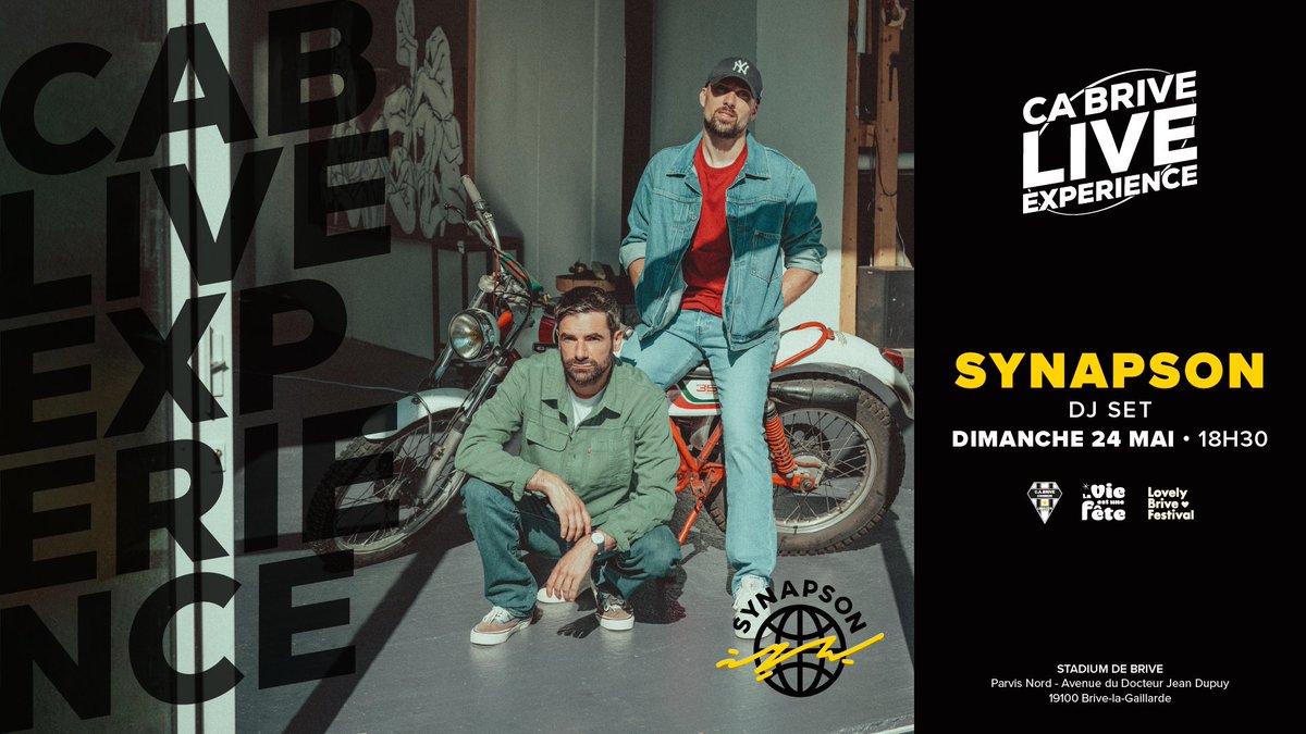 📣 𝐂𝐀 𝐁𝐑𝐈𝐕𝐄 𝐋𝐈𝐕𝐄 𝐄𝐗𝐏𝐄́𝐑𝐈𝐄𝐍𝐂𝐄 

Vivez une expérience musicale inédite au CA Brive !
Le dimanche 24 mai à 18h30, l’En-but Corrèze accueille <a href="/synapson/">SYNAPSON</a> 🎛️🎧

Une soirée de musique live avec #Lavieestunefête et <a href="/BriveFestival/">Lovely Brive Festival🩷</a> 🎟️👉 urlr.me/gD9qQE