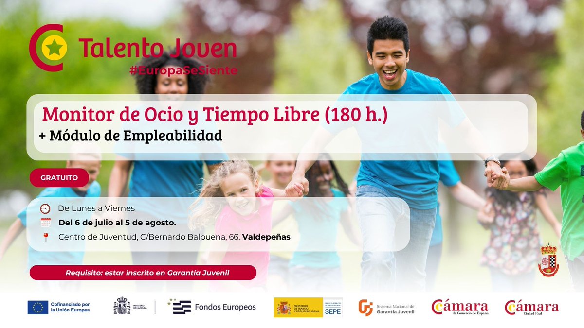 camaracr's tweet photo. Fórmate como Monitor/a de Ocio y Tiempo Libre (180 h) + módulo de empleabilidad.
📍 Valdepeñas | 🕘 Mañanas y tardes | 💯 Gratuito
📌 Requisito: estar inscrito/a en Garantía Juvenil
📝 Inscripciones en 👉 https://t.co/gduwToCB8L
#TalentoJoven  #EuropaSeSiente https://t.co/i83Og1L2NU