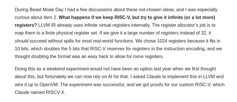 leonardoalt's tweet photo. What if RISC-V had 1024 registers instead of 32? Can that solve register spilling &amp; improve zkVMs? Claude and I implemented this experiment in LLVM's RV32 backend and integrated it with OpenVM for e2e proofs.

Full results and write-up link below \/ https://t.co/y1l6W4gQcy