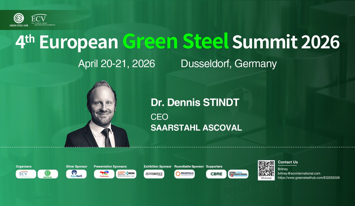 ECV_Int's tweet image. 📢 We are delighted to annonce that Dr. Dennis Stindt, CEO of #Saarstahl #Ascoval, will attend the 4th #European #Green #Steel #Summit 2026.
🎟 Register now: greensteelhub.com/EGSS2026?cci=29