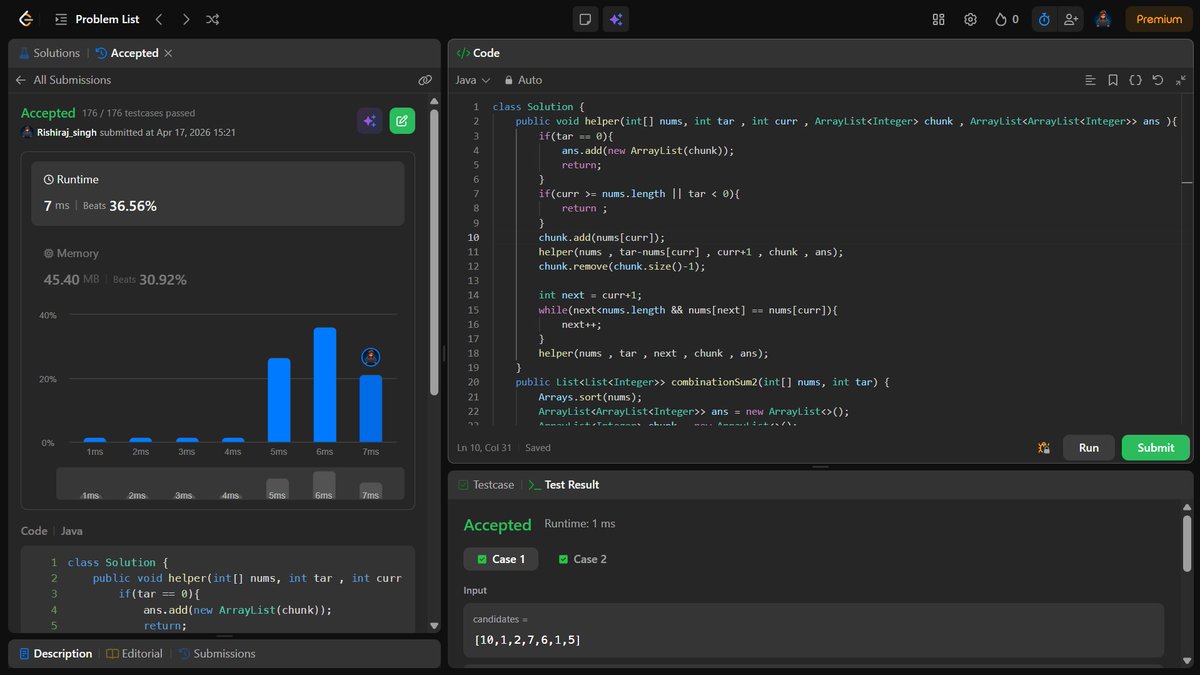 RishirajSingh_X's tweet photo. Day 150 of #100DaysOfCode ✅
Solved LeetCode #40: Combination Sum II 🧠
Used recursion + backtracking with duplicate handling 🔁
Strengthened subset generation & pruning concepts 💪
#LeetCode #DSA #Backtracking #CodingJourney 🚀 https://t.co/umLX273mRc
