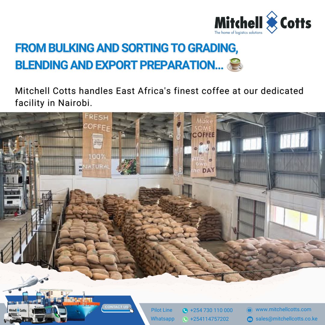 CottsGroup's tweet photo. Mitchell Cotts supports the coffee trade through our coffee handling facility in Nairobi, offering services such as bulking, sorting, grading, blending, consolidation and export preparation

By combining logistics expertise with specialised handling facilities, we help ensure coffee moves efficiently from origin to international markets.

Learn more about our coffee logistics solutions on our website:

https://t.co/CFxTbeIGrO

#CoffeeExport #TradeLogistics #EndToEndLogistics
