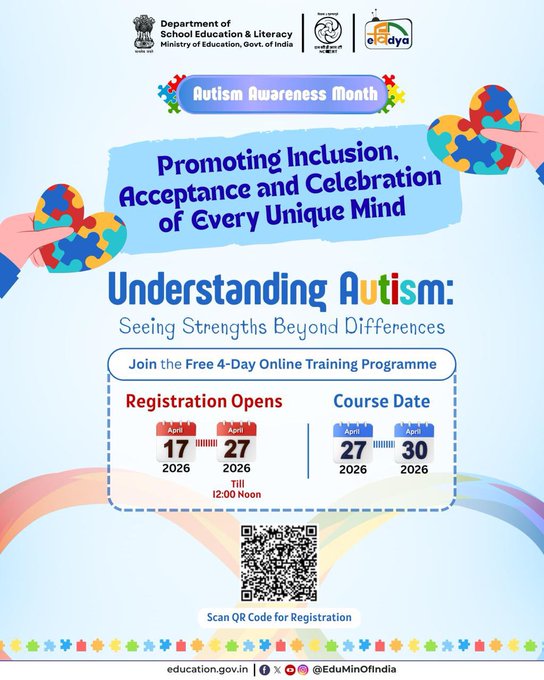 JnvDistt's tweet photo. This Autism Awareness Month, a Free 4-Day Online Training Programme on “Understanding Autism: Seeing Strengths Beyond Differences” is being offered to enable educators and stakeholders to adopt inclusive and empathetic practices in classrooms.  Course Dates: 27–30 April 2026 https://t.co/gQ3Nav4MPS