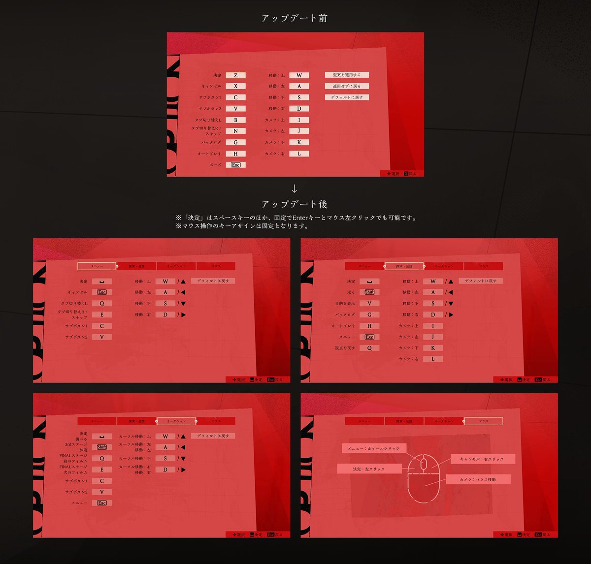dark_auction's tweet photo. 【#ダークオークション アップデート情報】
Steam版『ダークオークション』キーボード＆マウス操作の改善を行いました！

修正内容
・キーボード＆マウス操作の改善
・オットーのフロア（太陽のフロア）の絵画アップデート
・軽微な不具合の修正と改善

今回のアップデートにより、キーボード＆マウス操作の初期設定を一部変更いたしました。
これに伴い、キーアサインに新しい初期設定が適用されます。

【初期設定の例】
決定：スペースキー（固定でEnterキーとマウス左クリックでも可能です）
キャンセル：Escキー

ほか多数のキーアサインが変更となっておりますので詳細は添付画像をご確認ください。
キーアサインを変更する場合は、オプション内の「入力設定」から調整いただけます。

今後も『ダークオークション』は継続して改善を行ってまいります。
皆様からのフィードバックやご意見もお待ちしておりますので
Steamコミュニティのスレッドでご連絡いただくか、弊社カスタマーサポートまでお問い合わせください。
https://t.co/xSd00JorLr