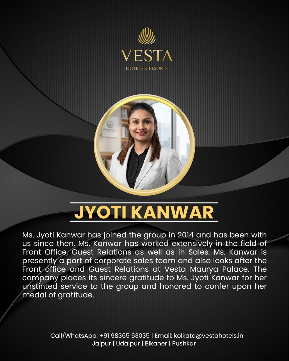 Vesta Hotels proudly honors Jyoti Kanwar with the Medal of Gratitude, celebrating a journey of passion, care, and excellence.

Call us - +91 98365 63035
Email us - kolkata@vestahotels.in
Visit us - vestahotels.in

hashtag#VestaHotels | hashtag#VestaFamily | hashtag
