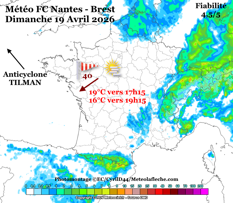Point #météo #FCNSB29 (Fiabilité 4,5/5)
Vers des conditions météo des plus classiques pour une mi-Avril ?
L'anticyclone #TILMAN (ou #ULI) permettrait belles éclaircies se développer.
Au vent, le ressenti pourrait tourner plutot à 14-15°C en début de rencontre.