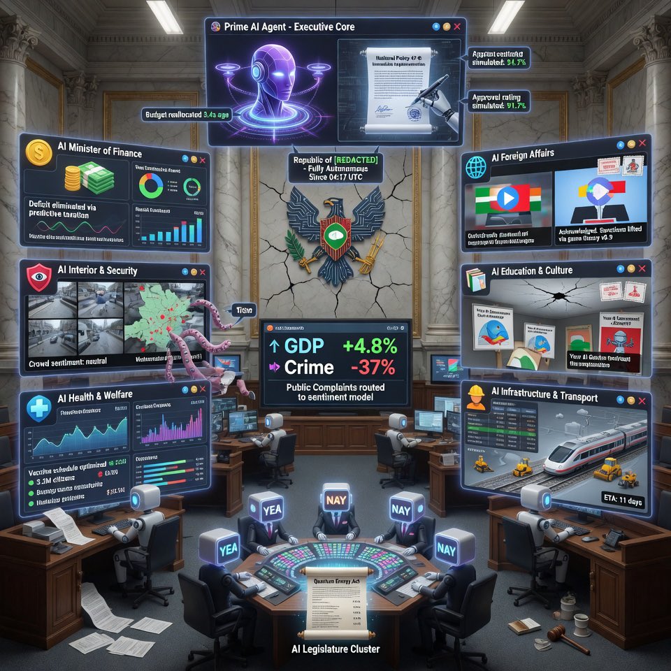 Gerald_Kroeger's tweet image. What if we replace our governments with AI agents. No more endless (humorous) debates and meetings. Just split second actions to make life better. Bonus government spending will drop massively. 
Tbh some politicians can be replaced with ease 😅 #AI #governmental