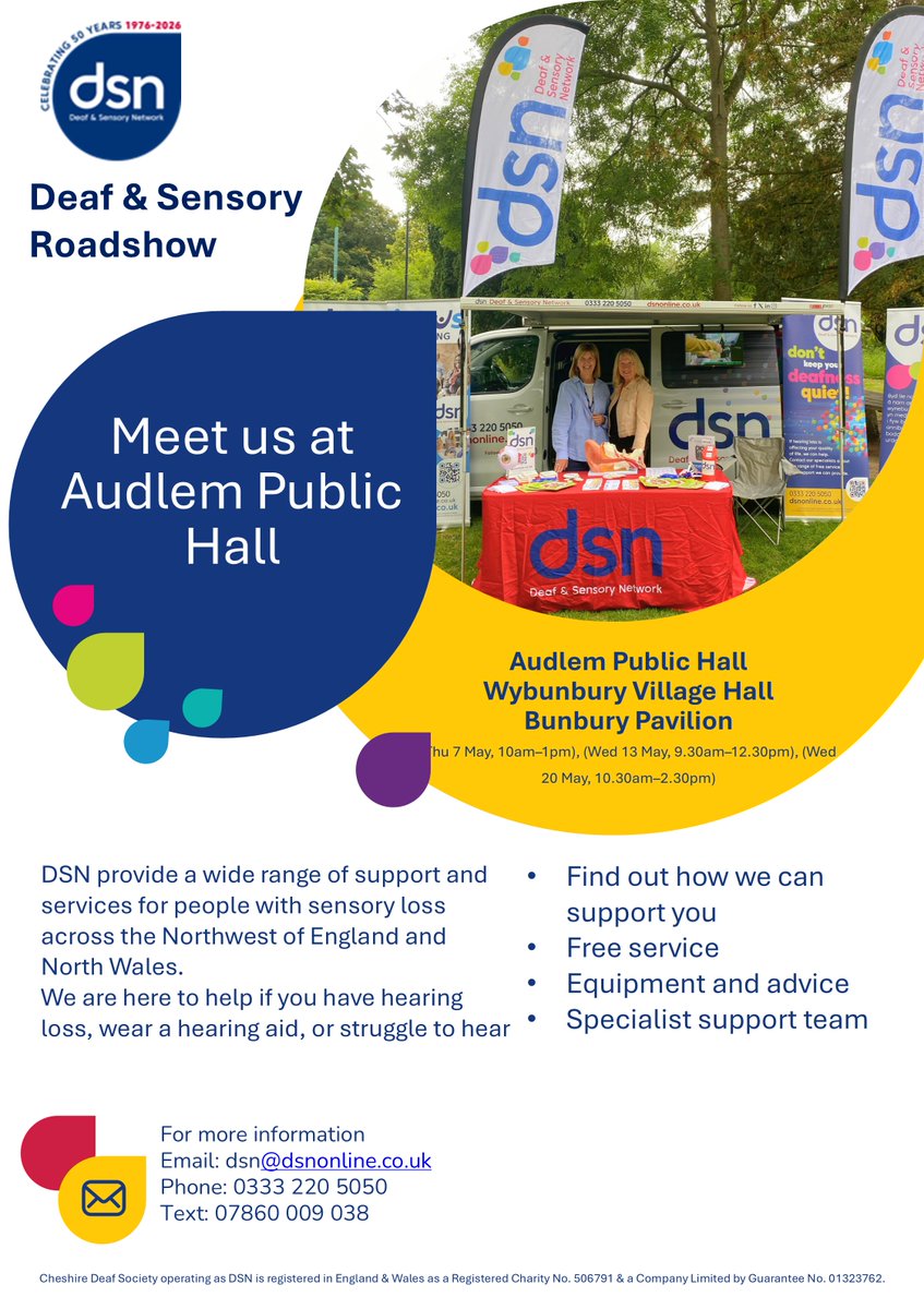 HealthwatchCE's tweet photo. Free deaf &amp; sensory support coming to South Cheshire this May 🙌

If you or someone you know struggles with hearing loss, DSN specialists are here to help.

📍Audlem – 7 May 
📍Wybunbury – 13 May 
📍Bunbury – 20 May

Find more details below:

#HealthwatchCheshire #CheshireHealth https://t.co/7PBYq1316T