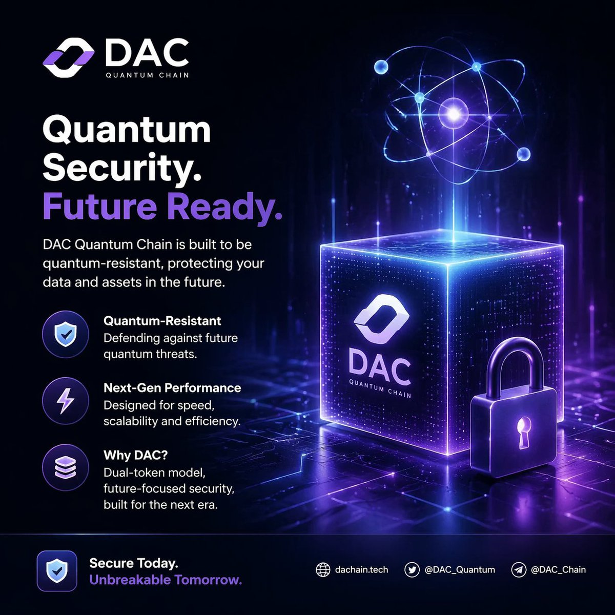 Marina1569767's tweet image. DAC Quantum Chain is built to be quantum-resistant, aiming to secure data against future threats.

⚡ Beyond risk, quantum tech brings faster processing and innovation.

💡 Why DAC?
• Dual-token model
• Future-focused security
• Built for the next era
#DAC #Quantum #Web3