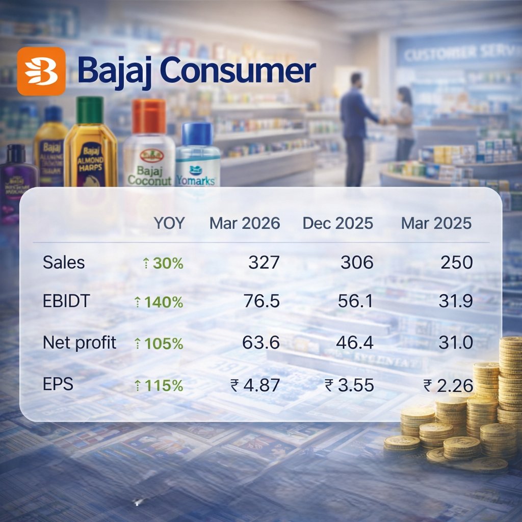 Bajaj Consumer posted robust growth with sales up 30% and net profit soaring 105% year‑over‑year.