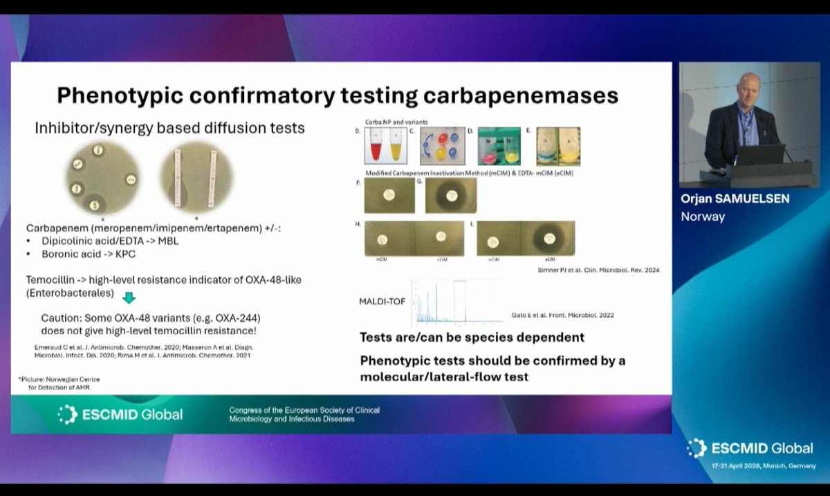 ▶️Phenotypic confirmatory testing carbapenemases
🔺Inhibitor/synergy based diffusion tests:
Carbapenem (meropenem/imipenem/ertapenem) +/-: Dipicotinic acid/EDTA -> MBL
Boronic acid -> KPC
Temocillin-> high-level resistance indicator of OXA-48-like (Enterobacterales)!