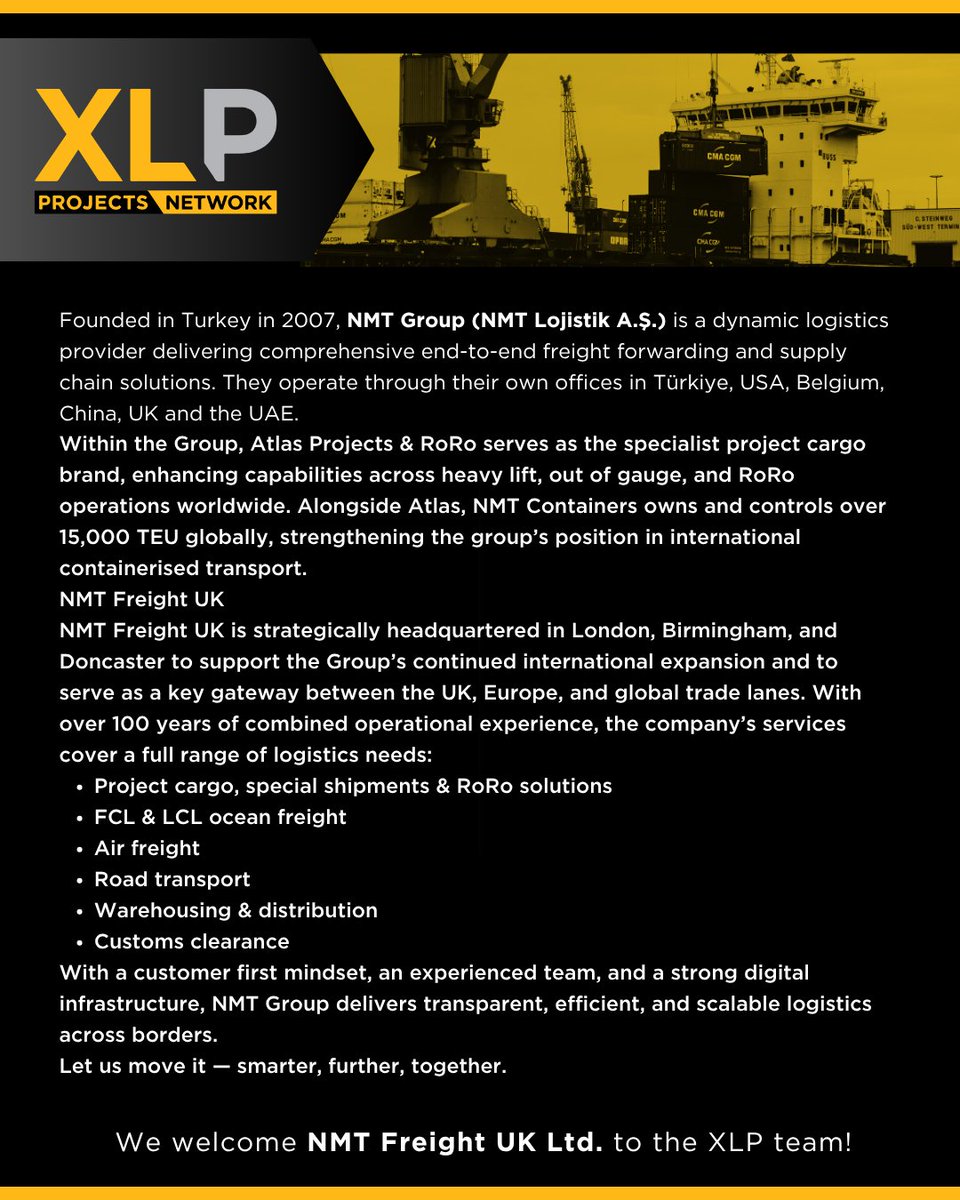 We welcome NMT Freight UK to the XLP team! 😊👏

Read more: xlprojects.net/nmt-freight-uk…

#XLProjects #AINetworks #ProjectCargo #LogisticsNetwork #freightnetworks #NMTFreightUK