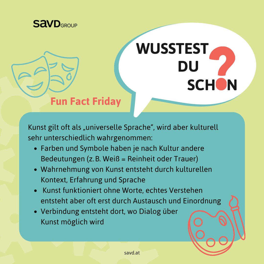 🎉 Fun Fact Friday – Kunst &amp; Sprache 🎨
Kunst gilt oft als universelle Sprache – wird aber je nach Kultur ganz unterschiedlich verstanden. 🌍🗣️

#FunFactFriday #Kunst #savd