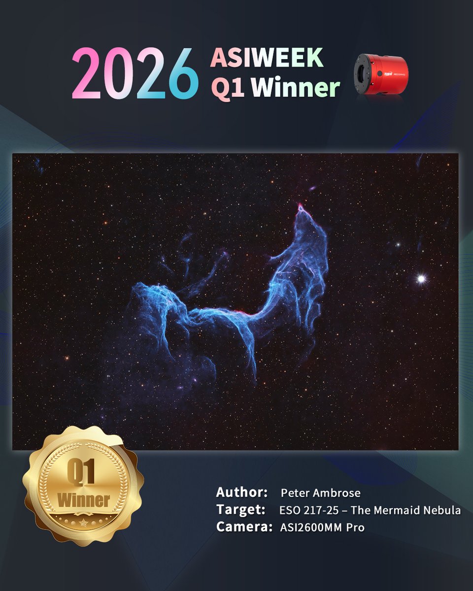 zwoastro's tweet photo. 2026 ASIWEEK Q1 Winner: Peter Ambrose
We are so honored to announce that Peter's Mermaid Nebula has won the ASIWEEK competition in Quarter 1 of 2026. An ASIAIR Plus 256G will be given as the prize.
Thank you all for participating in the contest!
#ZWO #ASIWEEK #Gift #ASIAIRPlus https://t.co/S1bnCTCMm5