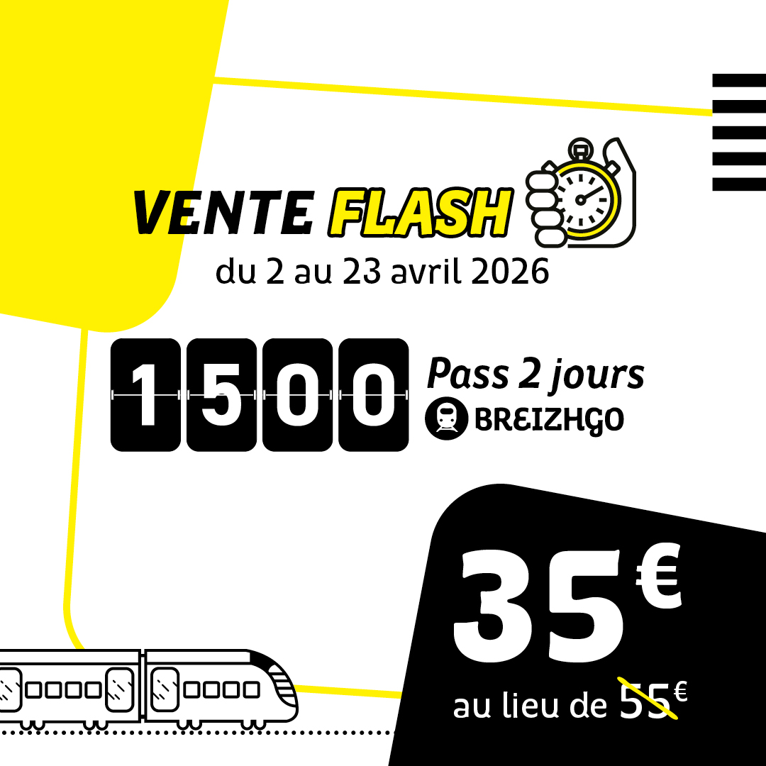 TERBreizhGo's tweet image. ⚡[#VenteFlash - Plus que quelques jours]

Notre vente flash se termine le 23 avril !
C’est maintenant ou jamais pour profiter des pass 2 jours illimités à 35€ au lieu de 55€🔥

Voyagez malin et écolo ! 👉🏻 tinyurl.com/PassFlash