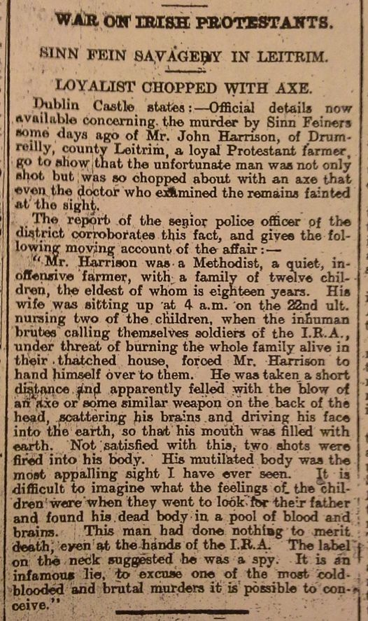 _quincey's tweet photo. #OTD 22 April 1921, 53 year old Protestant and Orangeman, father of ten, John Harrison murdered by the IRA in County Leitrim. In October 1920 John Harrison had refused to pay a 'levy' demanded by local IRA men towards weapons. In response the IRA had stolen his 'best cow' https://t.co/8Pyp1RR24z