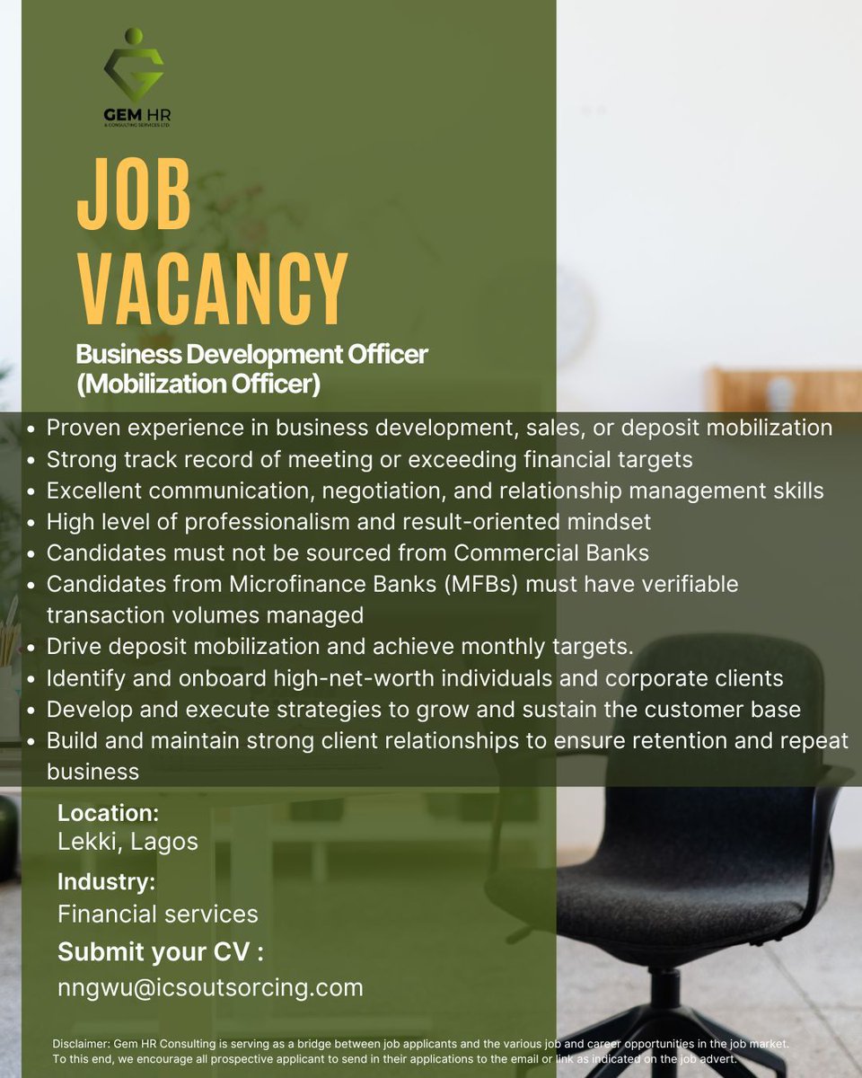 gem_hr's tweet photo. 🔥Urgent Hiring: Business Development Officer (Mobilization Officer)!🌟Location: Lekki.💌APPLY: nngwu@icsoutsorcing.com⏳Act fast—this opportunity won't last! 👥 Know someone ideal? Tag them! #BusinessDevelopmentOfficer #ResourceMobilization #lekkilagos #financialservices https://t.co/Sx73rwS2MU