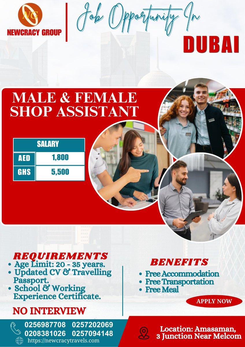 NewcracyGroup's tweet image. 🚨 NO INTERVIEW JOB – DUBAI 🇦🇪

Hiring Male &amp;amp; Female Shop Assistants

💰 AED 1,800 salary
✅ Free accommodation
✅ Free transport
✅ Free meal
📍 Amasaman (Near Melcom)
📞 0208381026
⚠️ Limited slots – APPLY NOW
#DubaiJobs #WorkAbroad #NoInterview #JobAlert