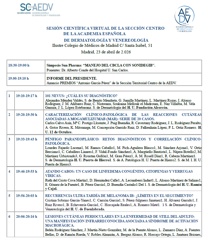 sc_aedv's tweet photo. 📌Os publicamos el programa de la #SesiónCientíficaDermatológica del jueves 🗓 23 de abril en el @Icomem_Oficial , sólo para académicos de la @sc_aedv .
 ↘También podéis descargarlo en pdf en:
https://t.co/KDAh4qHtqi https://t.co/0fNbfLfZ2L