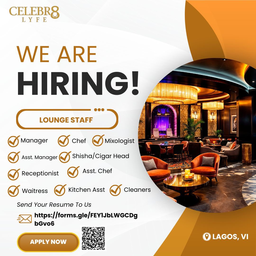 LLekyem's tweet photo. We’re Hiring – Lounge Staff (Lagos, VI)

Ready to be part of a premium hospitality experience? 

CELEBR8 LYFE(Tolaram) is looking for passionate and experienced professionals to join our team across multiple roles:
Manager | Chef | Mixologist | Receptionist | Waitress | Cleaners & more.

If you have what it takes to deliver top-tier service in a vibrant lounge environment — we want you!

📍 Location: Victoria Island, Lagos
🔗 Apply here: https://t.co/R99VYY7CBB

Step into your next opportunity
#hiring #vacancy #nightlife #lounge