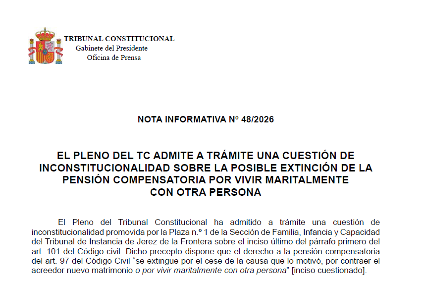 TConstitucionE's tweet photo. Nota de prensa | El Pleno del TC admite a trámite una cuestión de inconstitucionalidad sobre la posible extinción de la pensión compensatoria por vivir maritalmente con otra persona https://t.co/3mq54GNuHg https://t.co/XyL5ftaeRZ