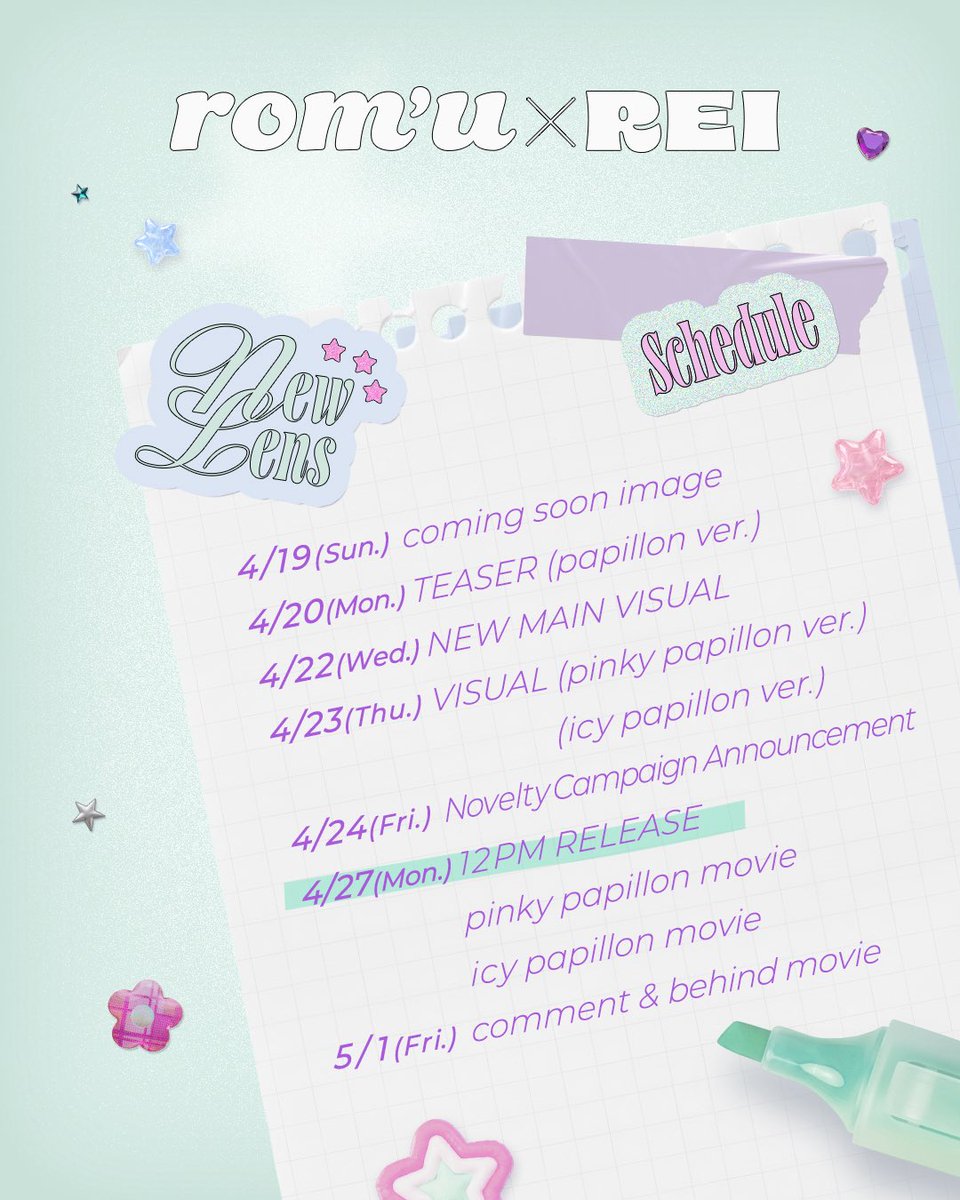 ⋆.ೃ 𐦍.ೃ࿔*:· ⋆.ೃ 𐦍.ೃ࿔*:· ⋆.ೃ 𐦍.ೃ࿔*:·

𝙧𝙤𝙢'𝙪×𝙍𝙀𝙄
𝙉𝙚𝙬 𝙍𝙚𝙡𝙚𝙖𝙨𝙚 𝙎𝙘𝙝𝙚𝙙𝙪𝙡𝙚

𝟦/𝟣𝟫 (𝘚𝘶𝘯.) 𝘊𝘰𝘮𝘪𝘯𝘨 𝘚𝘰𝘰𝘯 𝘐𝘮𝘢𝘨𝘦
𝟦/𝟤𝟢 (𝘔𝘰𝘯.) 𝘛𝘦𝘢𝘴𝘦𝘳 (𝘗𝘢𝘱𝘪𝘭𝘭𝘰𝘯 𝘝𝘦𝘳.)
𝟦/𝟤𝟤 (𝘞𝘦𝘥.) 𝘕𝘦𝘸 𝘔𝘢𝘪𝘯 𝘝𝘪𝘴𝘶𝘢𝘭
𝟦/𝟤𝟥 (𝘛𝘩𝘶.)