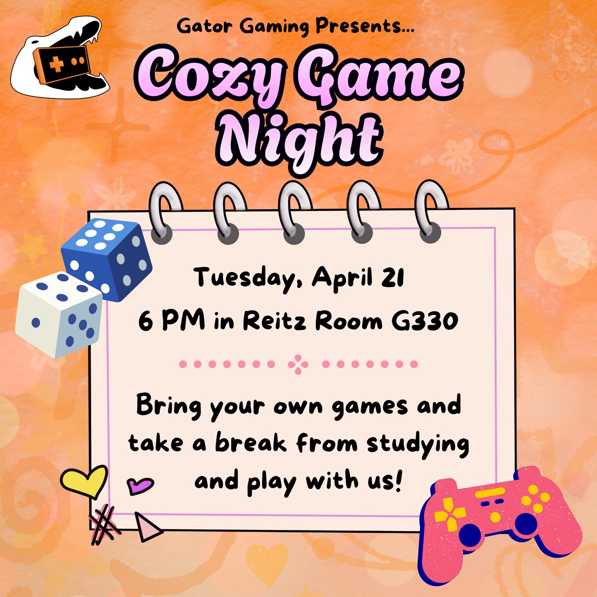 GatorGaming's tweet photo. The final meeting of the year is rapidly approaching!

Find us in G330* this Tuesday, April 21 at 6 PM and take a break from studying with us with a fun and cozy game night!

Feel free to bring your favorite video games and board games to play with others!

Hope to see you there! https://t.co/BD6J0XVqQP