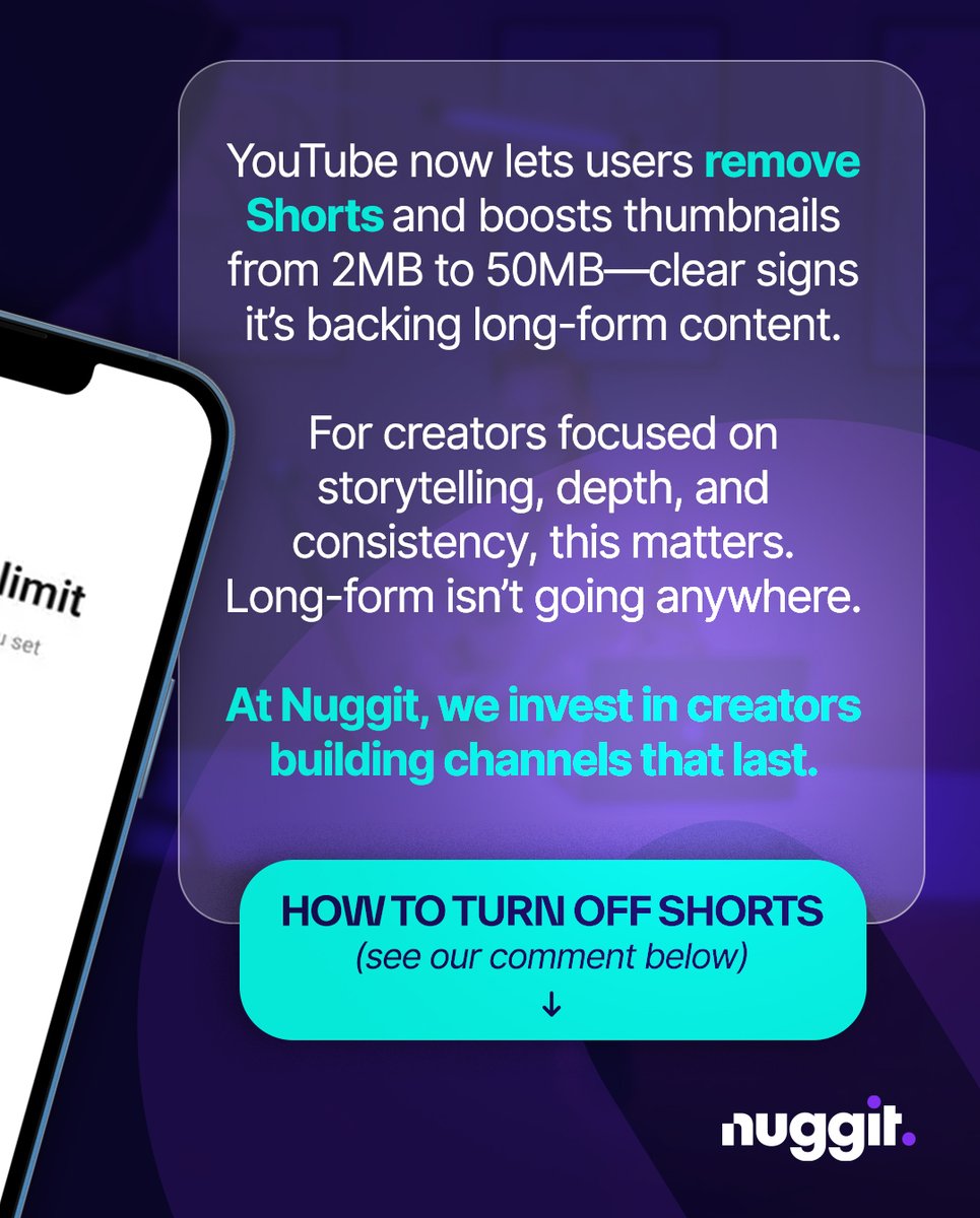 go_nuggit's tweet photo. YouTube just gave users the option to hide Shorts from their feed entirely. Combine that with the new 50MB thumbnail limit, and the message is clear.

Long-form is being heavily invested in. Depth is winning.

If you are building something that lasts, Nuggit wants to invest in you.

#YouTubeShorts #YouTuber #CreatorGrowth #Nuggit