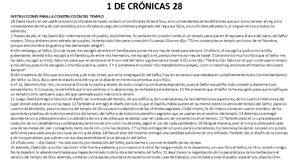 1 Crónicas 28 se asemeja  y aborda lo mismo que 1 de Reyes capítulos 1 y 2, (Donde se orienta más a lo político) y lo complementa ya que enfatiza el aspecto espiritual y el templo. Asimismo, hallamos valiosas lecciones: 
#rpsp