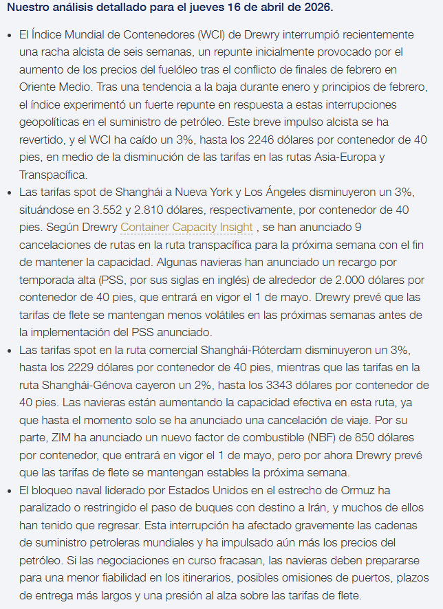 _SirPeter's tweet image. El índice global de tarifas de flete de contenedores de Drewry - 16 Abril
El índice compuesto ha caído un 3%, hasta los 2246 dólares por contenedor de 40 pies, en medio de la disminución de las tarifas en las rutas Asia-Europa y Transpacífica.
#Container #Drewry