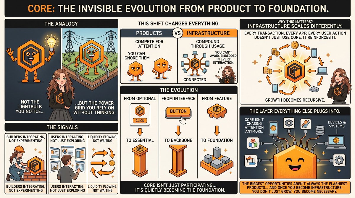 Core is no longer just a product, it’s becoming invisible infrastructure.

Not the lightbulb you notice, but the power grid you rely on without thinking.

That shift changes everything.

Products compete for attention.
Infrastructure compounds through usage.

You can ignore a