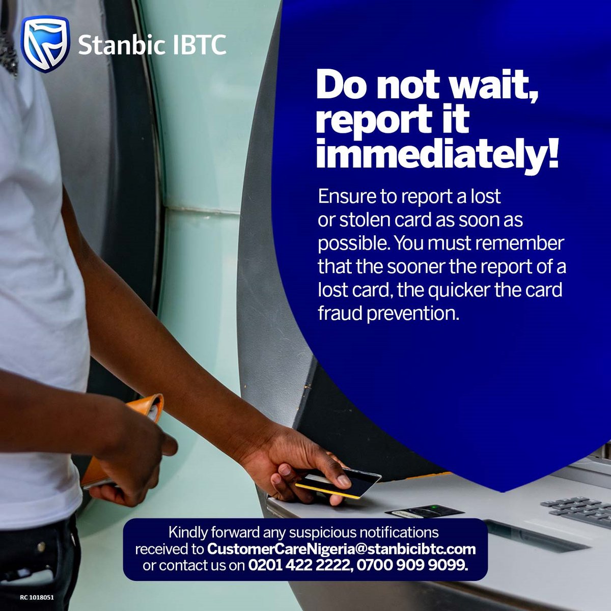 StanbicIBTC's tweet image. Lost your card? Don’t delay, report it immediately.​

The faster you act, the safer your account stays.​

#StanbicIBTC💙 ​
#ScamAlert