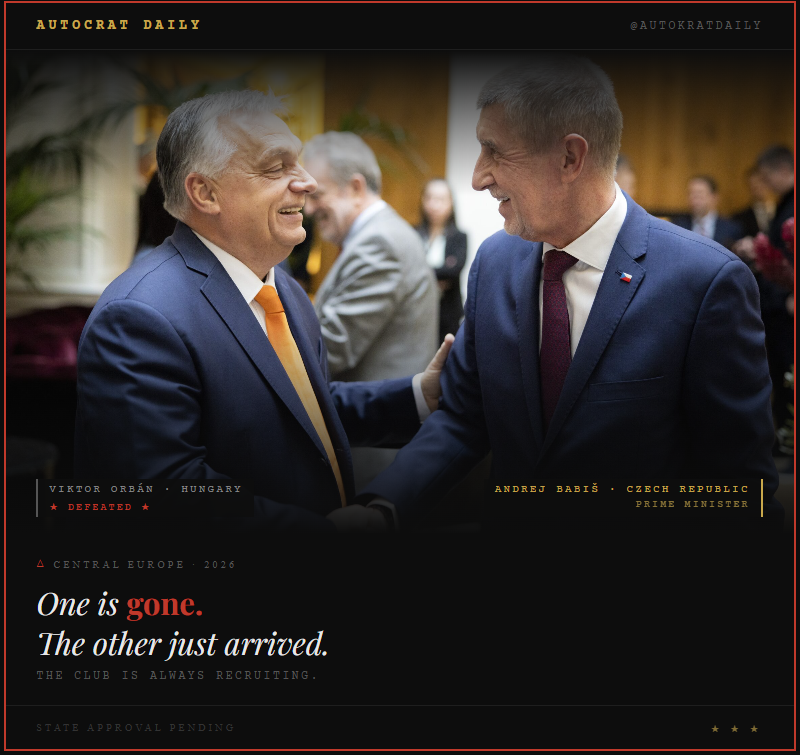 AutokratDaily's tweet image. Andrej Babiš — "the Czech Trump" — is back as PM. Billionaire. 200+ companies. 2 newspapers. EU fraud charges protected by his own parliament until 2029. Removed the Ukrainian flag from parliament. 200,000 Czechs protested. The club is always recruiting. #Babiš #CzechRepublic