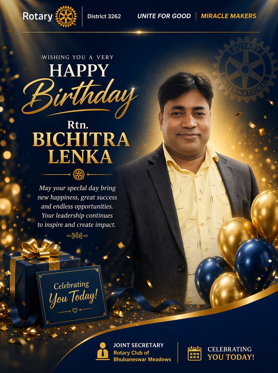 RCBMeadows's tweet image. 🎉🎂 Happy Birthday, Rtn. Bichitra Lenka! 🎂🎉

The Rotary Club of Bhubaneswar Meadows extends warm and heartfelt wishes to you on your special day. 🌸✨ 
Wishing you joy, health &amp;amp; success always! 🥳💙💛

#HappyBirthday #RotaryFamily #RCBMeadows