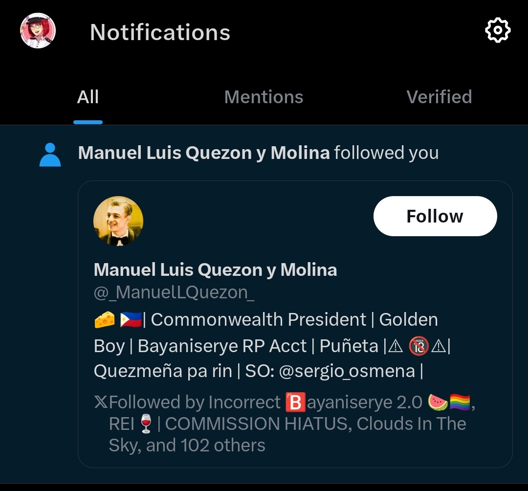 Ang ganda ko naman finollow pa ko ng isang Manuel Luis Quezon y Molina chareng HAHAHAHAHHAHAHAHAH