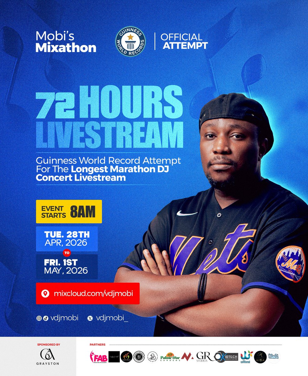 vdjmobi_'s tweet image. 72 Hours nonstop online party. It’s a Guinness World Record attempt. 
Save the Date
April 28 to May 1, 2026
Time: 8am Prompt (72 Hrs)
Venue:  mixcloud.com/vdjmobi 

#MobiMixathon #GuinnessWorldRecord