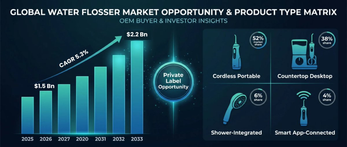 persistence_mkt's tweet image. Water flosser market growing strong 📈

US$1.5Bn (2026) ➝ US$2.2Bn (2033) | 5.3% CAGR
✔️ Cordless leads (~52%)
✔️ Aging &amp;amp; ortho demand rising
✔️ Private label + OEM driving growth

📖persistencemarketresearch.com/market-researc…

#OralCare #OEM #PrivateLabel